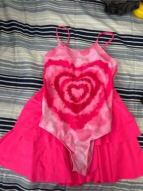 Pink Tie-Dye Heart One-Piece Swimsuit with skirt